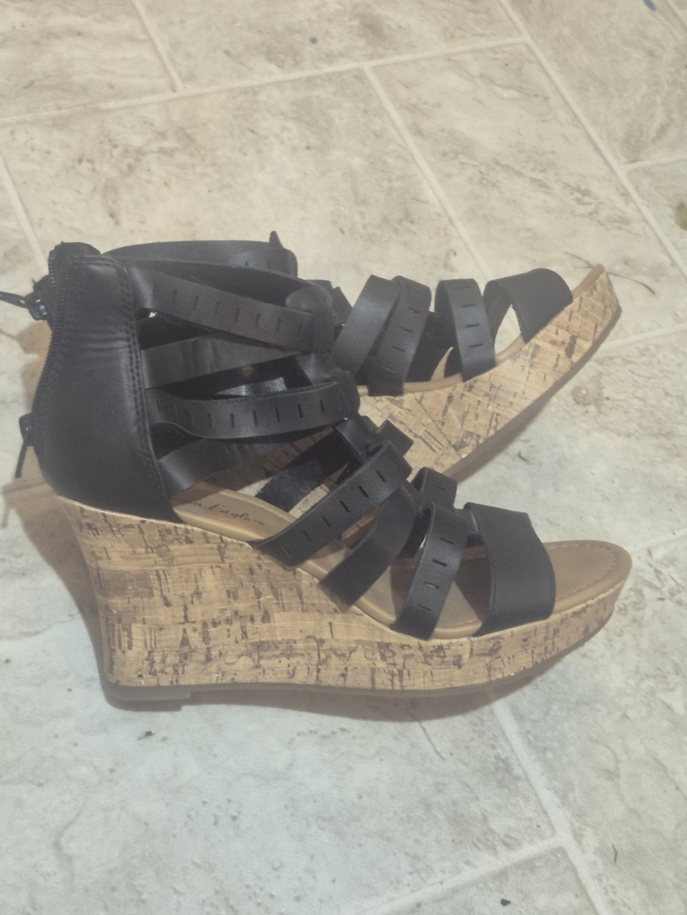 American Eagle Outfitters Black Strappy Cork Wedge Sandals